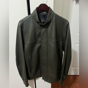 Theory Men's Dark Olive Leather Bomber Jacket